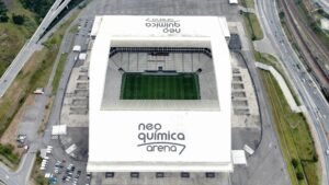 High angle aerial view of Neo Química Arena, a popular stadium in São Paulo, Brazil.