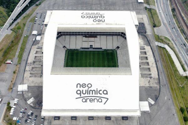 High angle aerial view of Neo Química Arena, a popular stadium in São Paulo, Brazil.